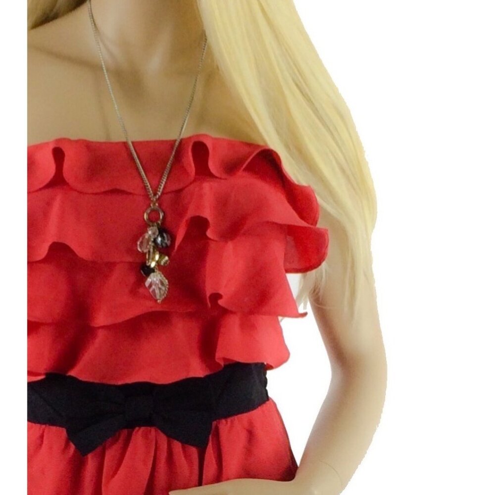 Anthropologie Strapless Ruffled Red Mini Dress w/Black Bow Waist Accent - Picture 2 of 6